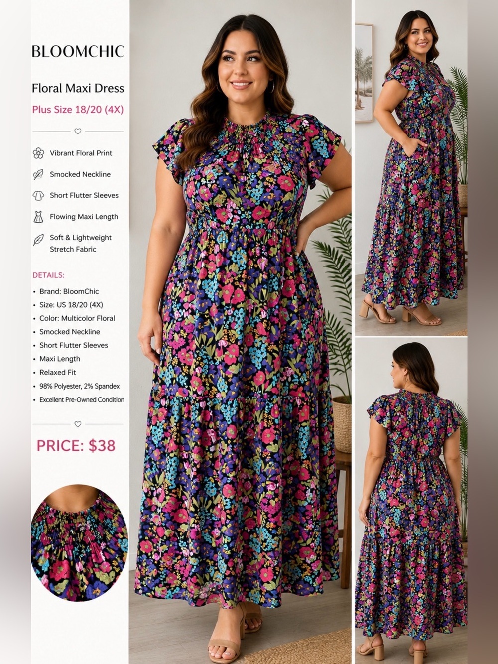 BloomChic Floral Maxi Dress Plus Size 18/20 Smocked Neck Short Sleeve Boho
